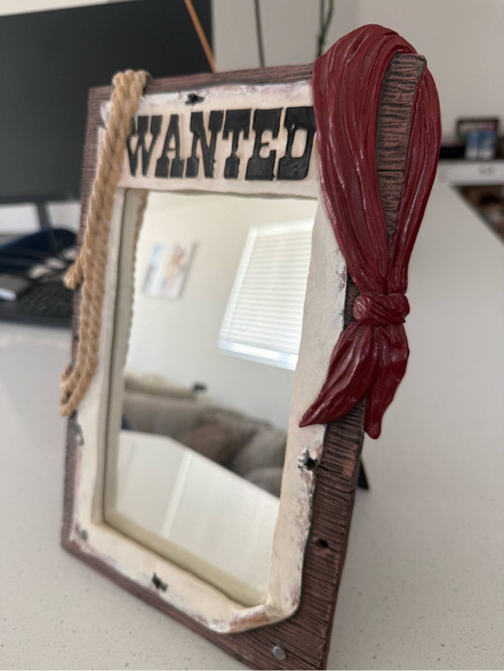 Rustic 'WANTED' Decorative Mirror with Red Bandana Accent